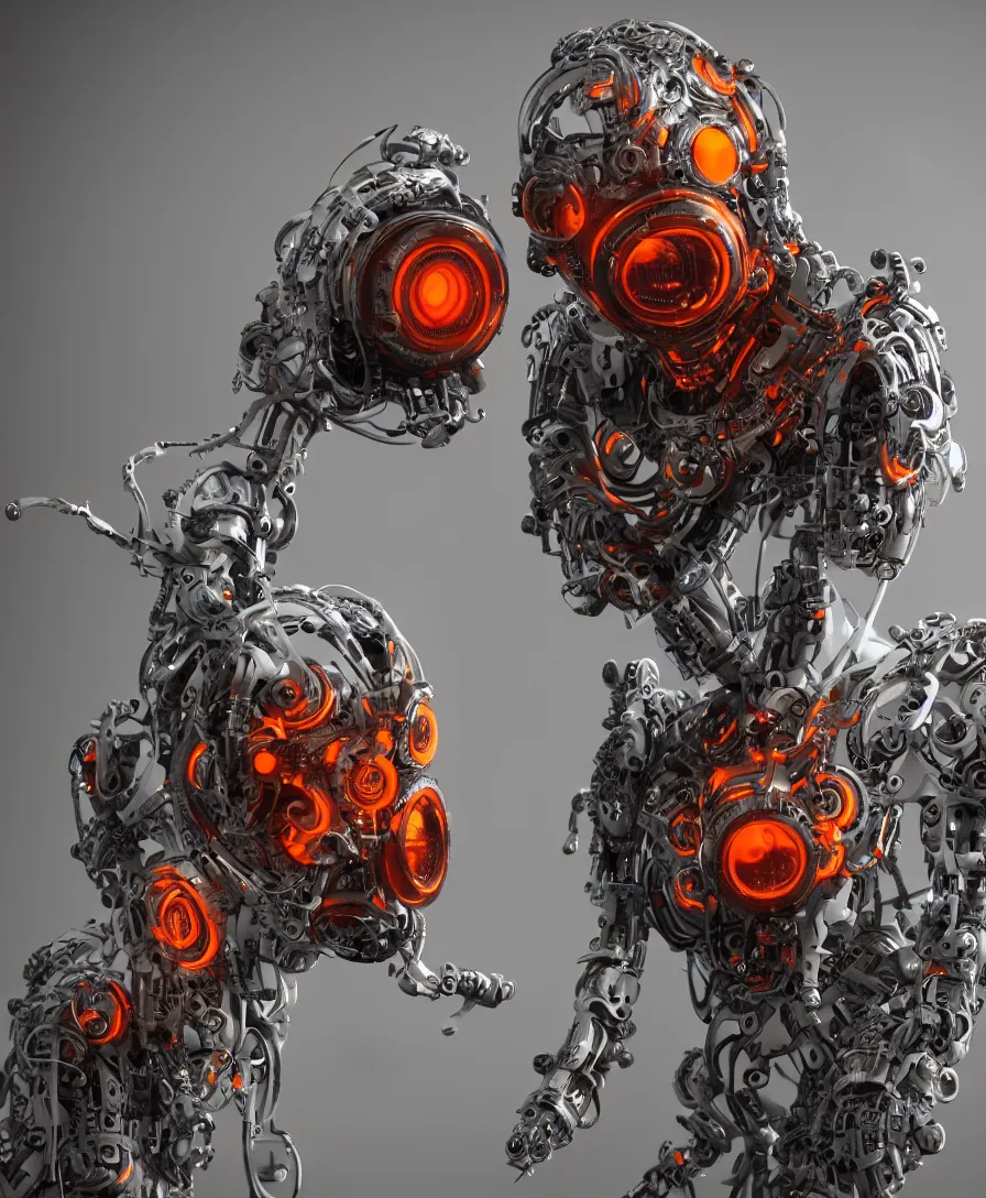 Prompt: biomechanical futuristic creepy cyborg creature with gas mask and eyes made of camera lenses. white and orange plastic. concept art by jarold Sng | octane render