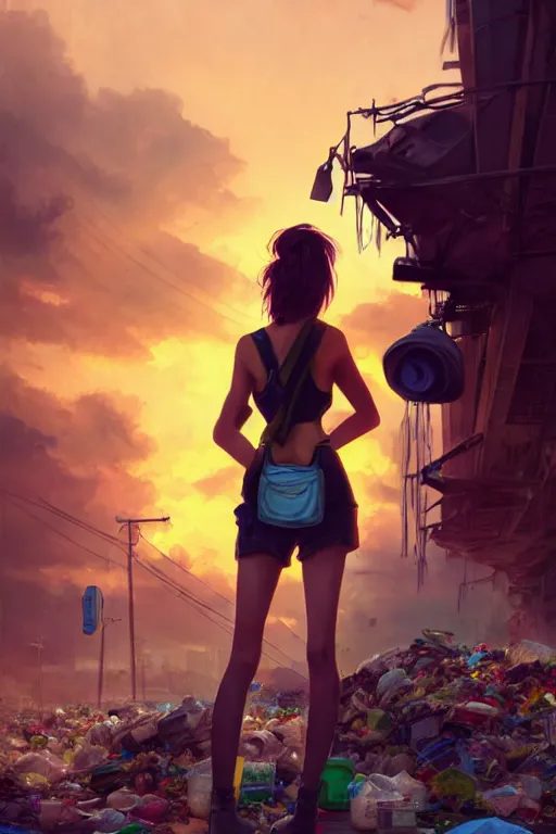 Prompt: young woman minishort with backpack looking at food at garbage dump, destroyed cars, city is pure wasteland, moody sunset background, rays of sunlights, ( ( ( rainbow ) ) ), high details, sharp, photorealism, cinematic, greg rutkowski, alphonse mucha, trending on artstation, artgerm, unreal engine, highly detailed