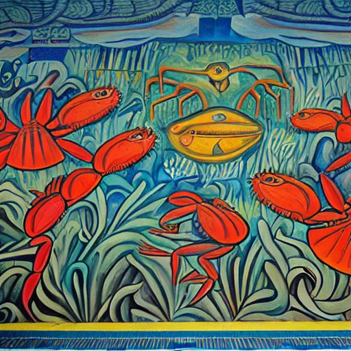 Prompt: mural of a crab revolution in the style of diego rivera