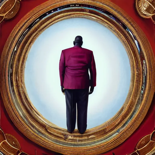 Image similar to a painting of a XXL wise elder from Kenya in a suit by Kehinde Wiley . dramatic angle, ethereal lights, details, smooth, sharp focus, illustration, realistic, cinematic, artstation, award winning, rgb , unreal engine, octane render, cinematic light, macro, depth of field, blur, red light and clouds from the back, highly detailed epic cinematic concept art CG render made in Maya, Blender and Photoshop, octane render, excellent composition, dynamic dramatic cinematic lighting, aesthetic, very inspirational, arthouse.