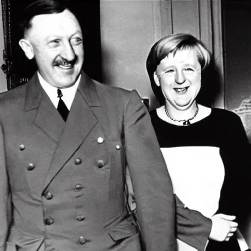 Prompt: hitler and angela merkel smiling after world war ii