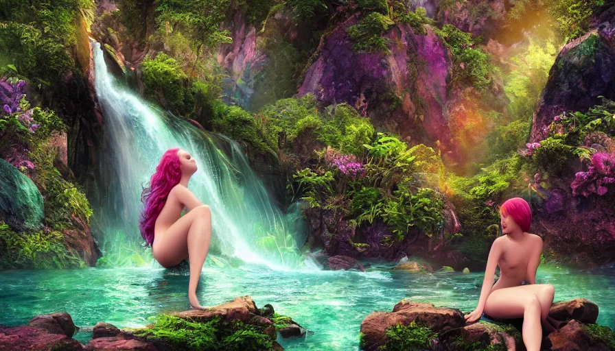 Prompt: of a beautiful Hyperrealistic mermaid sitting on top of a rocky hill surrounded by waterfalls in the middle of a dark jungle with little rainbow colored fishing village in the lower valley region, macro lens, highly detailed, digital painting, trending artstation, concept art, illustration, cinematic lighting, vibrant colors, photorealism, epic, octane render