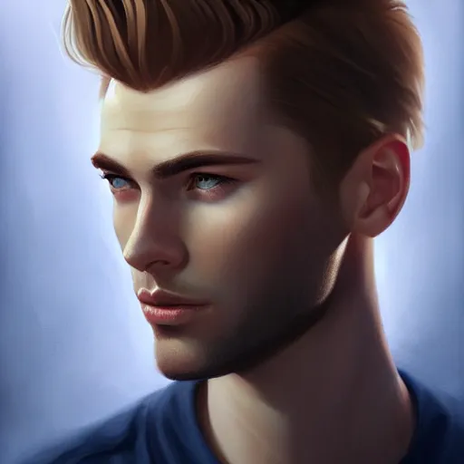 Prompt: tall man in his twenties with brown blond short quiff hair and round facial structure with cleft chin, straight eyebrows, cheekbones, lightly blue eyes, wide face, shadow of beard, atmospheric lighting, painted, intricate, 4 k, highly detailed by charlie bowater