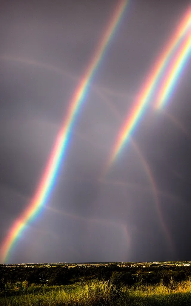 Image similar to dark night stormcloud, intricated multiple rainbows with ring shapes, light gleams and beams photography