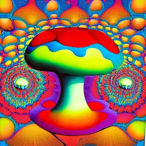 Image similar to a colorful fractal 3 d mushroom in a psychedelic world, peace and love, by peter max and mark ryden