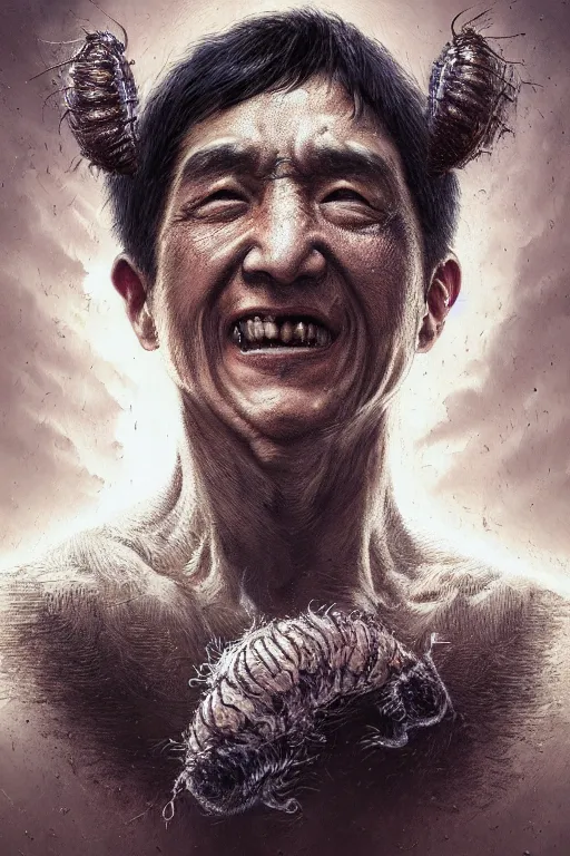 Image similar to realistic portrait beautiful detailed matte painting of cinematic movie scene jackie chan mutate into botfly larva. horror, created by gustave dore and greg rutkowski, high detailed, smooth draw, synthwave neon retro, intricate, realistic proportions, dramatic lighting, trending on artstation.