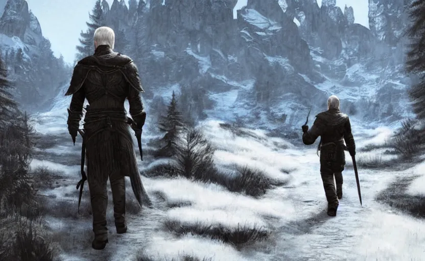 Prompt: joe biden walking in solitude, skyrim, a photorealistic painting