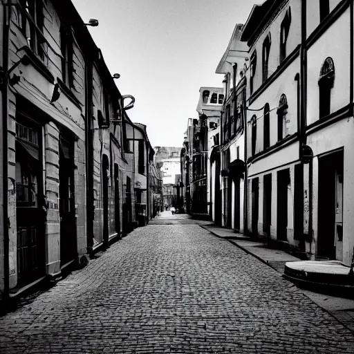 Prompt: a city street in black and white