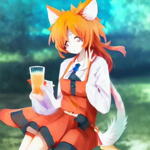 Prompt: senko-san very very beautiful anime kitsune foxgirl drinks beer trending on pixiv trending on artstation orange hair orange tail