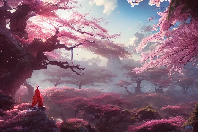 Image similar to wuxia, ancient relic, cherry blossoms, unreal engine, fantasy art by greg rutkowski, loish, rhads, ferdinand knab, makoto shinkai and lois van baarle, ilya kuvshinov, rossdraws, tom bagshaw, global illumination, radiant light, detailed and intricate environment