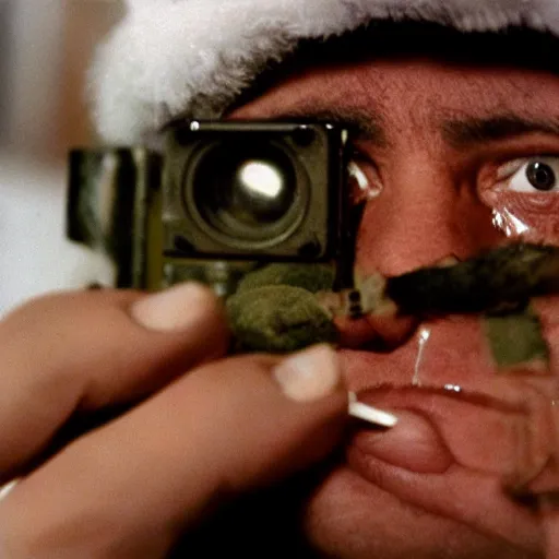 Image similar to filmic extreme close up shot movie still 4 k uhd interior 3 5 mm film color photograph of a scientist putting his hands into the mouth of a camouflaged solder in a lab in antarctica