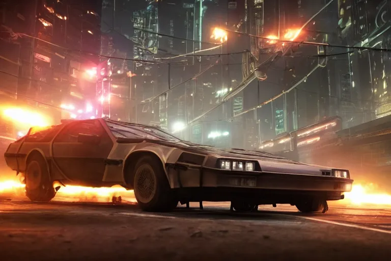 Image similar to photo of the back to the future combat delorean driving on wet post apocalyptic dystopian cyberpunk city streets at night, rocket league, mad max, action, speed, volumetric lighting, hdr, gta 5, makoto shinkai, syd mead, craig mullins, cinematic, fast and furious, octane, 8 k, iso 1 0 0, 1 2 mm