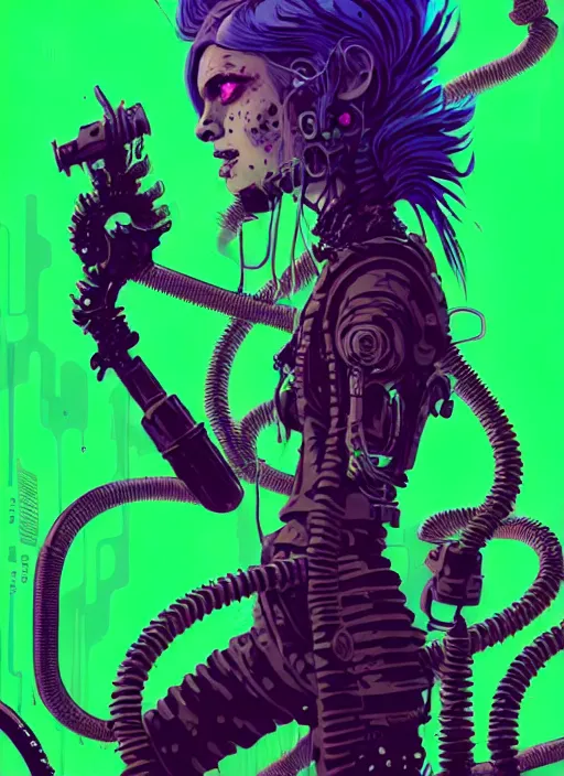 Prompt: highly detailed portrait of an moody wasteland punk long dripping green poison hair tribal lady, stray neon green sludge hoses by atey ghailan, james gilleard, by joe fenton, by greg rutkowski, by greg tocchini, by kaethe butcher, 4 k resolution, gradient purple, brown black and white color scheme!!! ( ( green flaming robotic sewer background ) )