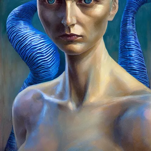 Image similar to detailed face of a woman with blue eyes in a biomorphic courtyard with dna sculptures at a science expo, atmospheric, ambient, pj crook, syd mead, livia prima, artgerm, greg rutkowski, nick alm, casey baugh