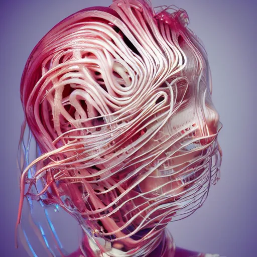 Prompt: machine cover art arms plastic bag skin multiple studio lighting future bass girl unwrapped statue bust curls of hair petite lush front side view body unfolds photography mode curly jellyfish lips art contrast vibrant futuristic fabric skin jellyfish material metal veins style of jonathan zawada, thisset colours simple background objective