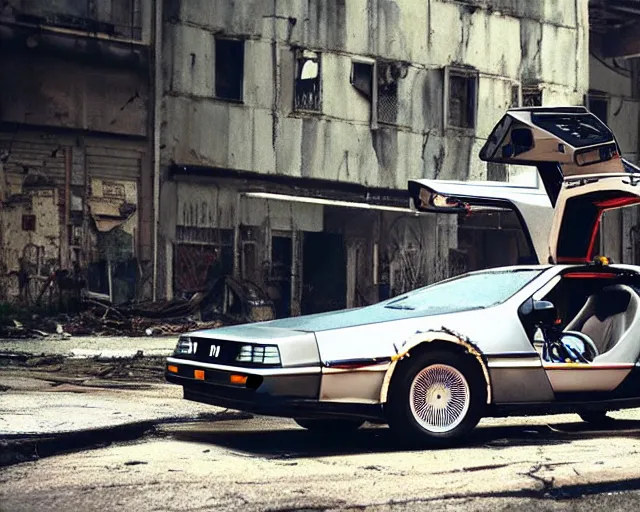 Image similar to doc brown and the delorean in an abandoned city, ghost in the shell vibes