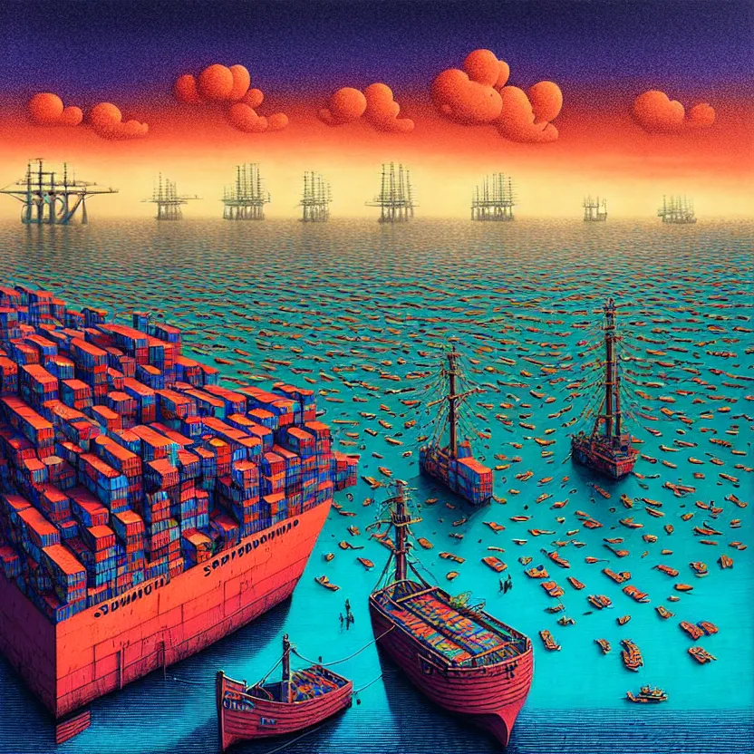 Prompt: surreal glimpse into other universe, a shipping seaport, summer morning, very coherent and colorful high contrast, art by!!!! gediminas pranckevicius!!!!, geof darrow, floralpunk screen printing woodblock, dark shadows, hard lighting, stipple brush technique,