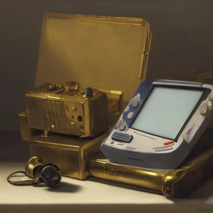 Image similar to still life painting of a gameboy by pieter claesz, oil on canvas, strong lighting, highly detailed, hyper realism, golden hour, god rays, hd, 4 k