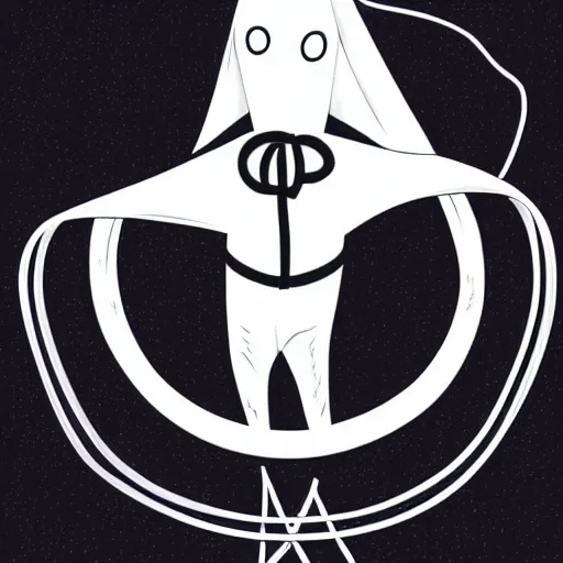 Prompt: white cloaked superhero with a white full ghost mask no mouth and huge black hole - eyes, and a noose knot around his neck hyperdetailed illustration