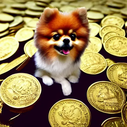 Image similar to A pomeranian wearing a top-hat, sitting on top of a large pile of gold coins