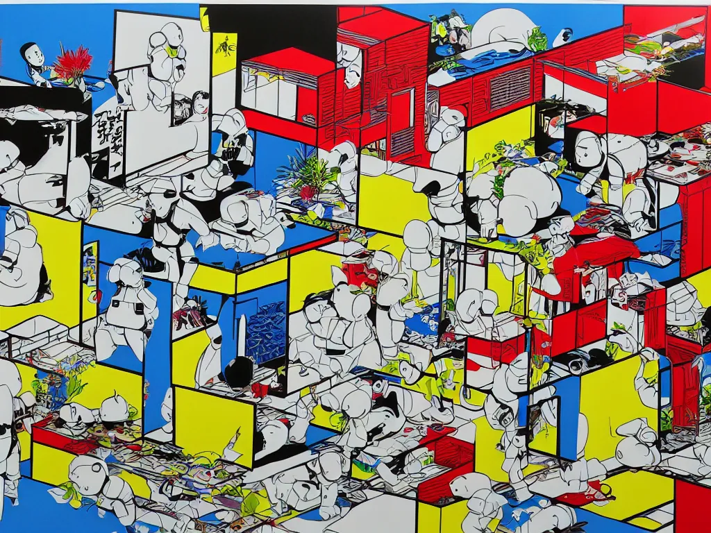 Image similar to hyperrealism composition of the japanese home with a garden, detailed stormtrooper in hot springs, pop - art style, jacky tsai style, andy warhol style, roy lichtenstein style, acrylic on canvas