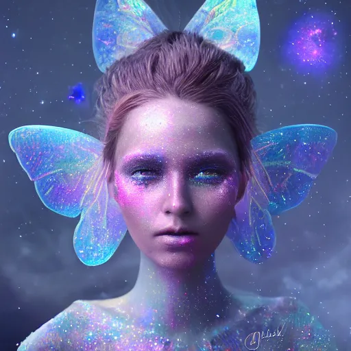 Prompt: portrait of a magical fairy made of galaxies, highly detailed, realistic, octane render, comic book art, space travel, unreal engine, sharp focus, cinematic