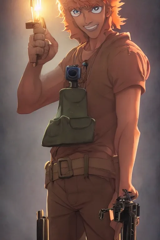 Image similar to scooby doo holding a gun, character art portrait, anime key visual, official media, illustrated by tom bagshaw, wlop, kentaro miura, extremely detailed, 8 k, trending on artstation, cinematic lighting, beautiful