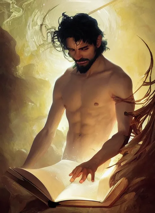 Prompt: character concept portrait of an attractive young Spanish wizard with tan skin conjuring a water spell, a floating iridescent spell book in the center, intricate, elegant, digital painting, concept art, smooth, sharp focus, illustration, from Metal Gear, by Ruan Jia and Mandy Jurgens and William-Adolphe Bouguereau, Artgerm