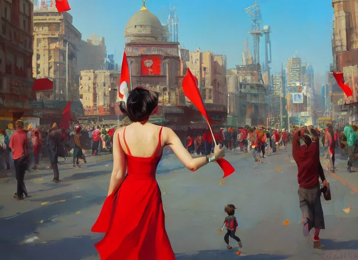 Prompt: gorgeous inspiring girl enthusiastically waving a red flag over her head walking with celebrating crowd in a Mandelbrot fractal bustling modern Teheran by Craig Mullins, ilya kuvshinov, krenz cushart, artgerm trending on artstation by Edward Hopper and Dan Mumford and WLOP and Rutkovsky, Unreal Engine 5, Lumen, Nanite