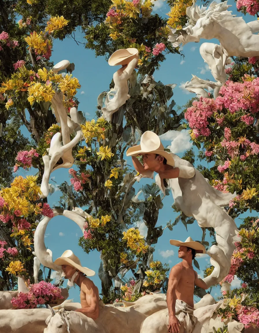 Image similar to a cowboy turning into blooms by slim aarons, by zhang kechun, by lynda benglis. tropical sea slugs, angular sharp tractor tires. complementary bold colors. warm soft volumetric dramatic light. national geographic. 8 k, rendered in octane, smooth gradients. by antonio canova by gian lorenzo bernini.