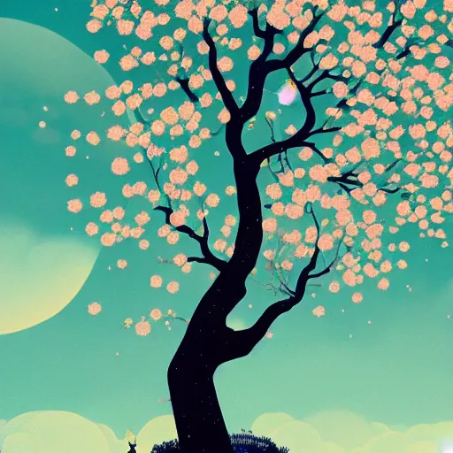 Image similar to a big cherry tree with petals flying in the sky, moonlight, by Victo Ngai, artstation, Detail, HD