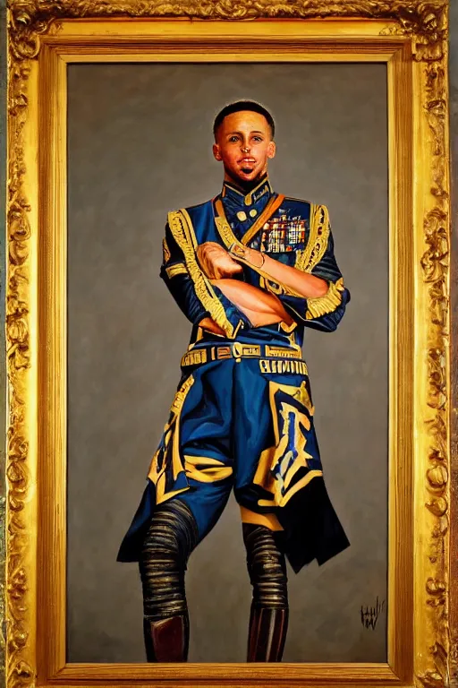 Image similar to full body portrait of the dictator of the golden state warriors, 1 8 8 9, in full military garb, steph curry, oil on canvas by william sidney mount, trending on artstation