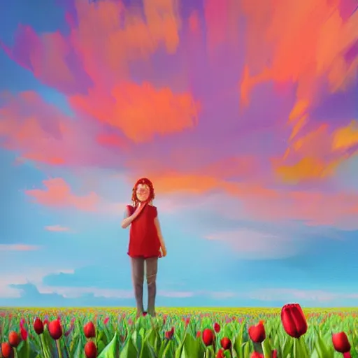 Image similar to girl with singular giant tulip as a head, surreal photography, flower field, sunset dramatic light, impressionist painting, colorful clouds, blue sky, digital painting, artstation, simon stalenhag