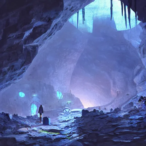 Image similar to concept art painting of inside a historic mine mineshaft cave with blue crystals, realistic, detailed, cel shaded, in the style of makoto shinkai and greg rutkowski and james gurney
