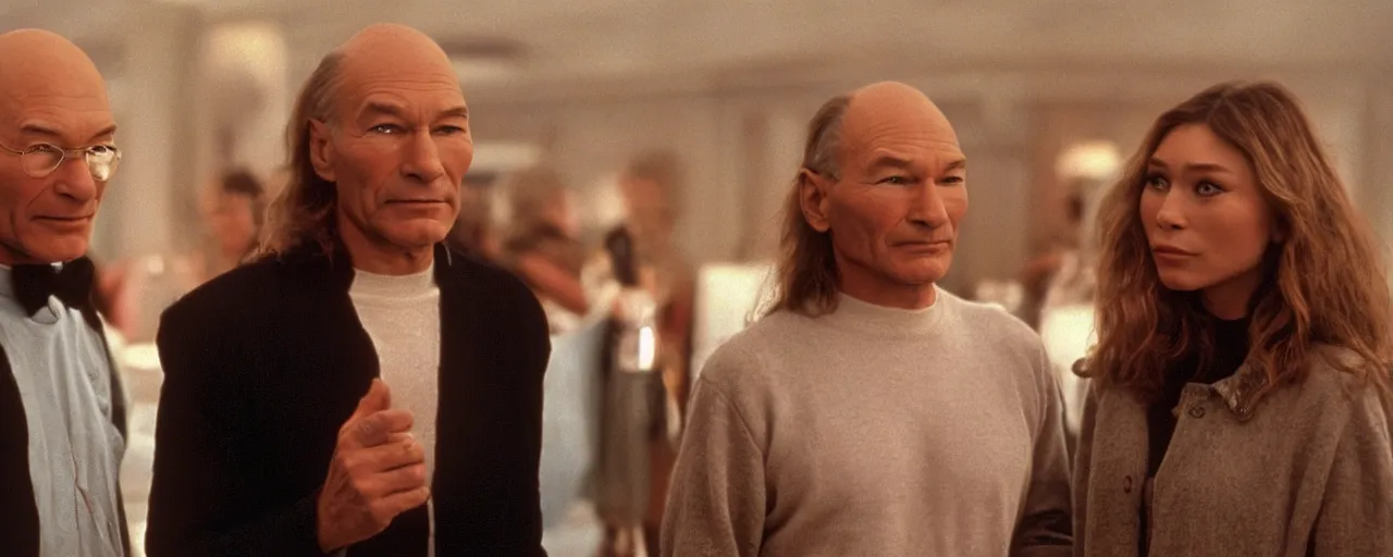 Image similar to Patrick Stewart and the Olsen Twins, wisdom, famous 1980's movie by Stanley Kubrick, cinematic still frame, moody, anamorphic lens, bokeh, kodak color film stock