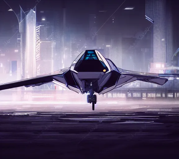 Image similar to futuristic sci fi jet plane lands at runway of cyberpunk airport,night photo ,dark cinematic lighting , digital concept art