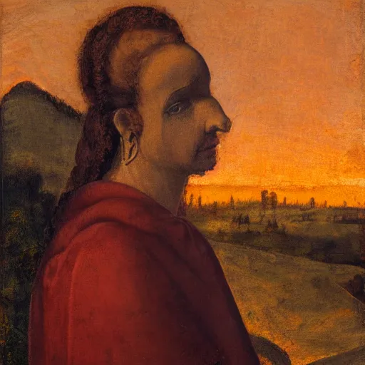 Prompt: 1 8 th painting of a giovanna d'arco burned at the stake, with a suffering face, medium shot, sunsest golden hour