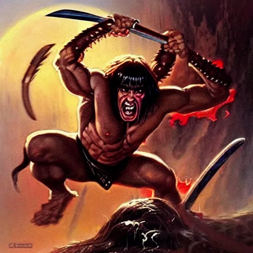 Prompt: “ conan the barbarian ” attacks “ giant black spider with red eyes ”. “ painting by ernie chan and earl norem. ”