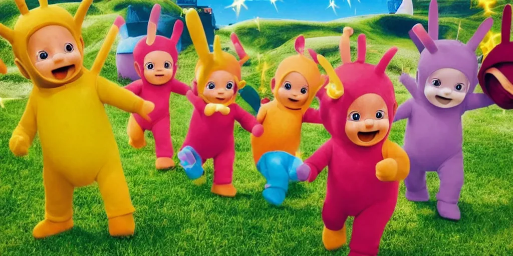 Image similar to teletubbies running on the string destroying everything with a flamethrower.