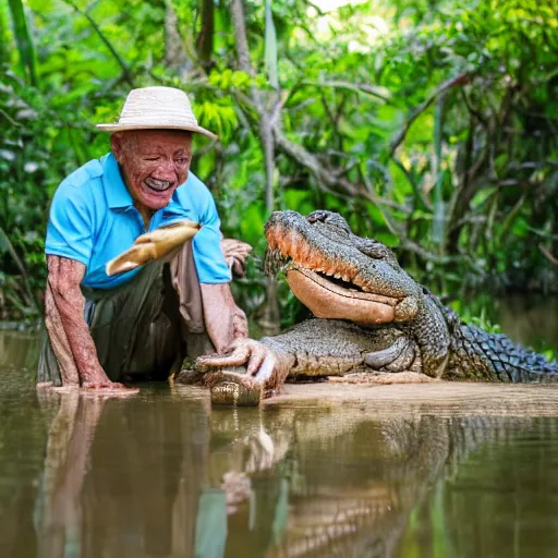 Prompt: elderly man feeding a crocodile, smiling, happy, crocodile, snappy, hungry, jungle, canon eos r 3, f / 1. 4, iso 2 0 0, 1 / 1 6 0 s, 8 k, raw, unedited, symmetrical balance, wide angle