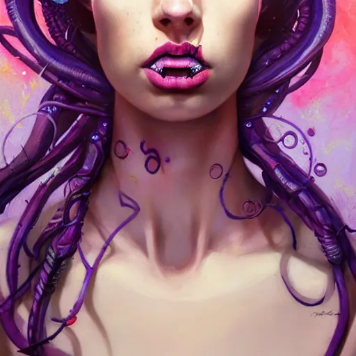 Image similar to art portrait of a furious girl with purple tentacles on her head, 8 k, by tristan eaton, stanley artgermm, tom bagshaw, greg rutkowski, carne griffiths, trending on deviantart, face enhance, hyper detailed, full of colour,