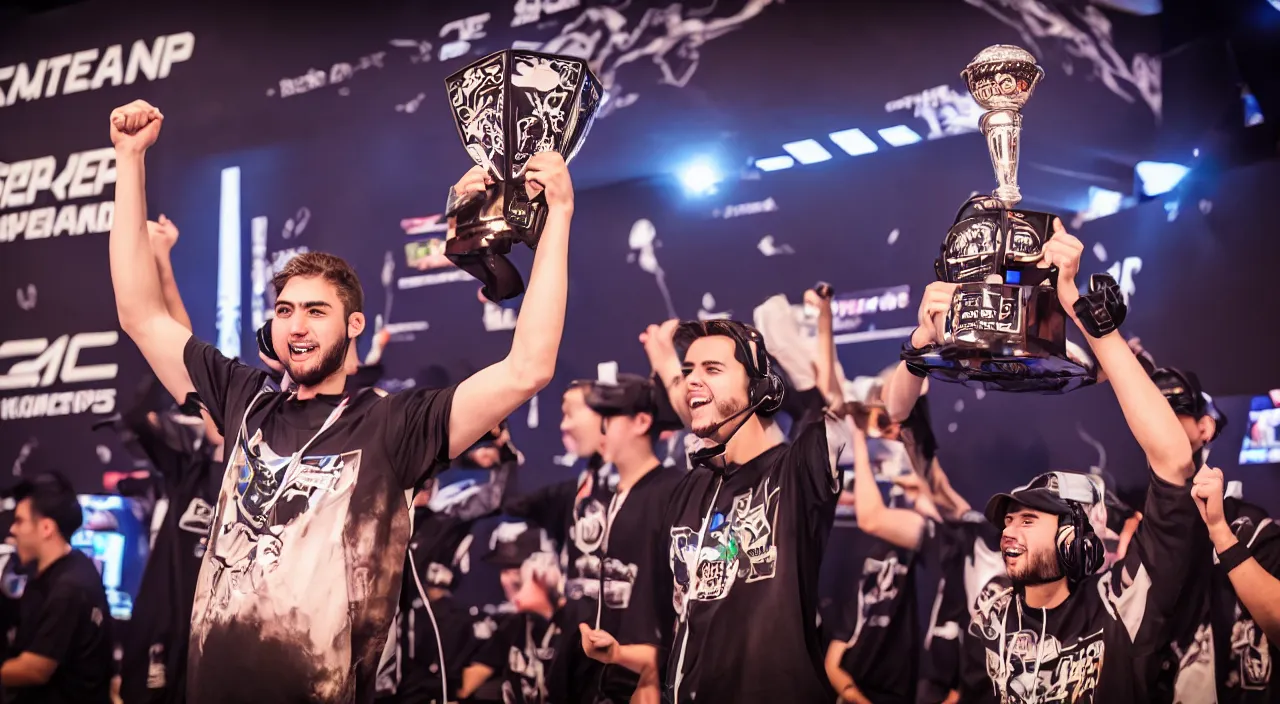 Prompt: A handsome gamer celebrates while holding the trophy up high above their head with the Esports tournament in the background. Cinematic, Award winning, ultra high resolution, intricate details, UHD 8K