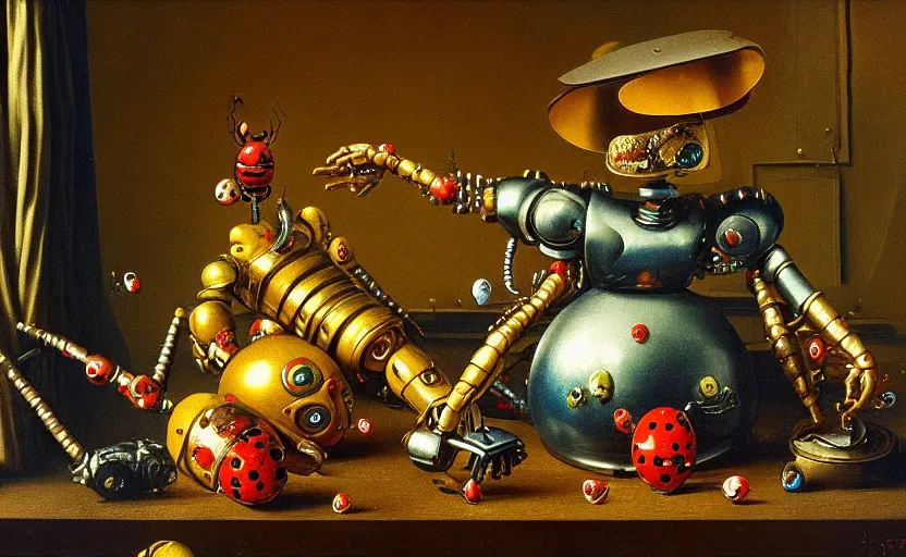 Image similar to strange robot body, disturbing colorful oil painting dutch golden age vanitas still life sparse composition with shiny metal lady bugs rachel ruysch dali todd schorr very detailed perfect composition rule of thirds masterpiece canon 5 0 mm, cinematic lighting, photography, retro, film, kodachrome