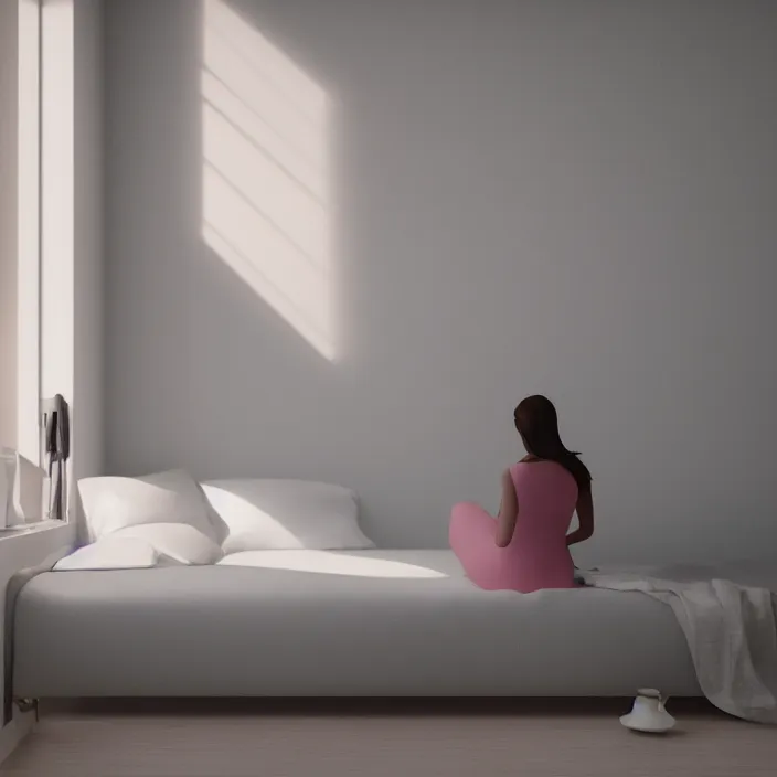 Image similar to a girl in a room with light gray walls sits on a bed, sunset light, edward hopper style. cinematic, hyper realism, high detail, octane render, 8k, iridescent accents