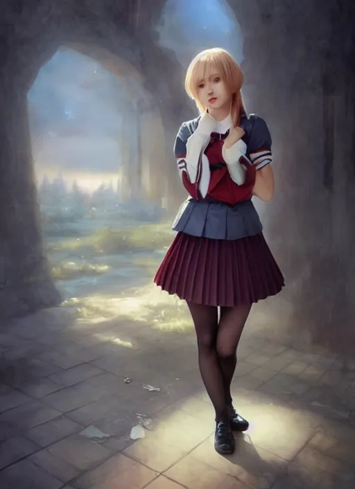 Prompt: a beautiful woman with school uniform, seifuku, pleated miniskirt, overknee socks, painted by artgerm and tom bagshaw, fantasy art, dramatic lighting, highly detailed oil painting, volumetric lighting