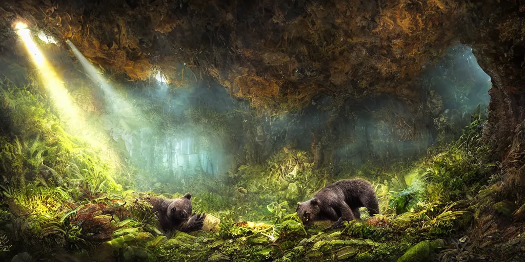 Prompt: magnificent mechanical steampunk bear looking eerily into a cave entrance with lush vegetation and mystical (((glowing algae))) in the sunset, light coming through from holes in the ceiling, desaturated, creepy ambiance, dangerous, sharp focus, highly detailed, artgerm