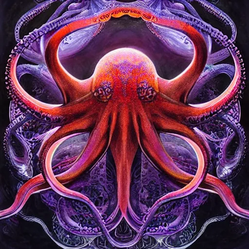 Image similar to depicting an octopus, in the style of h. p. lovecraft, exuberant organic elegant forms, by karol bak and filip hodas : : 1. 4 purple, red, blue, green, black intricate mandala explosions : : intuit art : : turbulent water backdrop : : damask wallpaper : : atmospheric