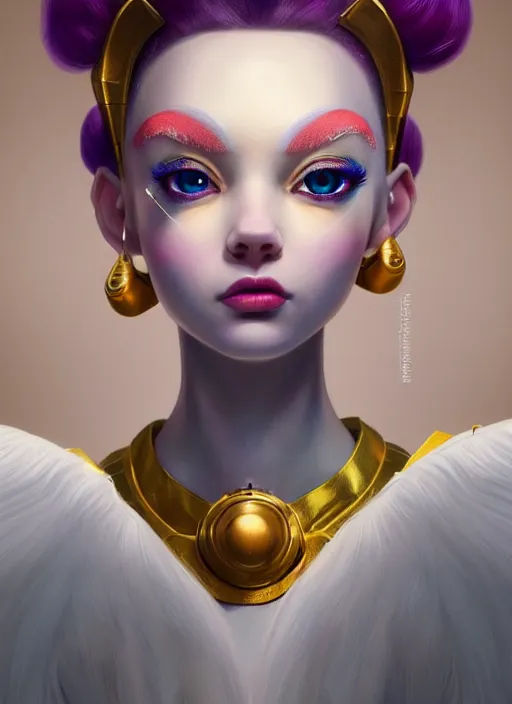 Image similar to pixar portrait 8 k photo, beautiful shiny white rich galactic prima ballerina clowncore russian cyborg college girl, golden ratio details, sci - fi, fantasy, cyberpunk, intricate, decadent, highly detailed, digital painting, ever after high, octane render, artstation, concept art, smooth, sharp focus, illustration, art by artgerm, loish, wlop