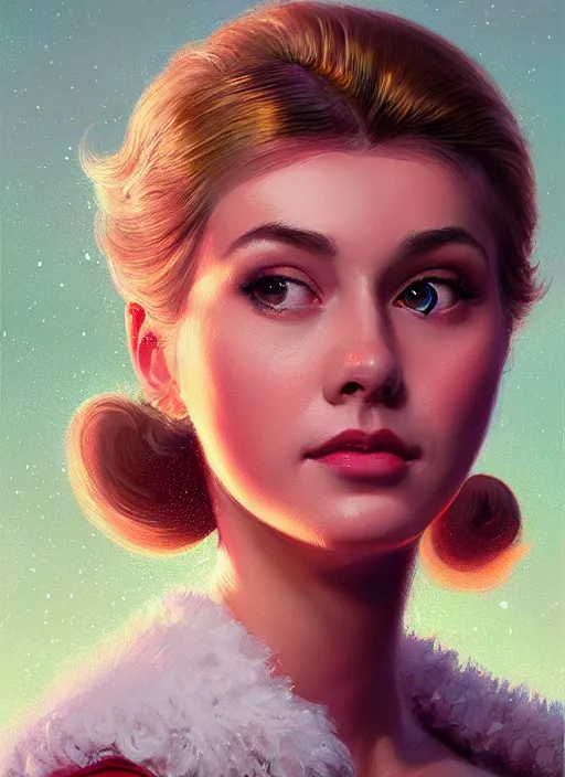 Image similar to portrait of betty cooper with fluffy bangs, bangs, 1 9 6 0 s, ponytail, curly bangs and ponytail, rounder face, intricate, elegant, glowing lights, highly detailed, digital painting, artstation, concept art, smooth, sharp focus, illustration, art by wlop, mars ravelo and greg rutkowski