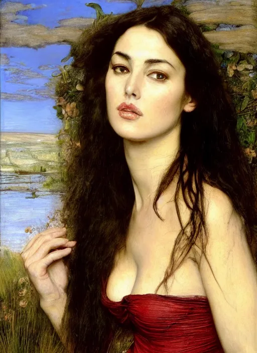 Prompt: a beautiful painting of monica bellucci by John Everett Millais and Dante Gabriel Rossetti and John Collier and john william waterhouse, pre-raphaelite, detailed, trending on artstation, hd, masterpiece